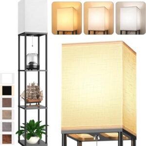 Floor Lamp with Shelves for Living Room. Shelf Floor Lamp with 3 CCT LED Bulb. Corner Display Standing Column Lamp Etagere Organizer Tower Nightstand with White Linen Shade for Bedroom. Office