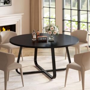 LVB Black Round Dining Table. Modern Wood Metal Kitchen Table. Industrial Small Dinner Room for 4 to 6 People. Circle Coffee Dining Room for Home Kitchen Living Room. Black Oak. 51 Inch