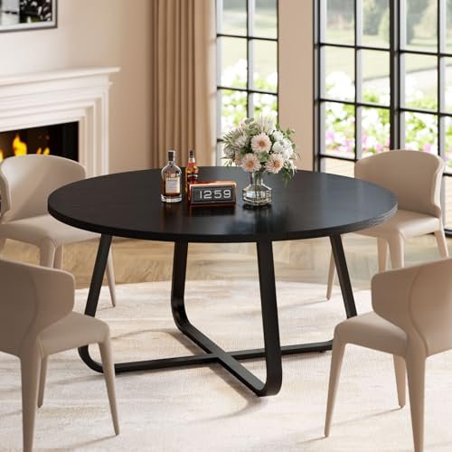 LVB Black Round Dining Table. Modern Wood Metal Kitchen Table. Industrial Small Dinner Room for 4 to 6 People. Circle Coffee Dining Room for Home Kitchen Living Room. Black Oak. 51 Inch