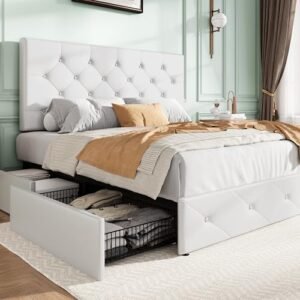 SHA CERLIN Upholstered Queen Size Platform Bed Frame with 4 Storage Drawers. Adjustable Headboard with Diamond Stitched Button Tufted Design. Wooden Slat Support. No Box Spring Needed. White