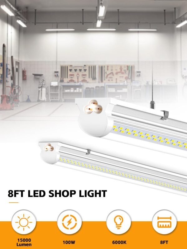 8FT LED Shop Lights 6000K White 100W. 15000lm Workshop led Light V Shape. Plug and Play. Hanging/Surface Mount Install. 8 Foot led Lights for Garage.10 Pack