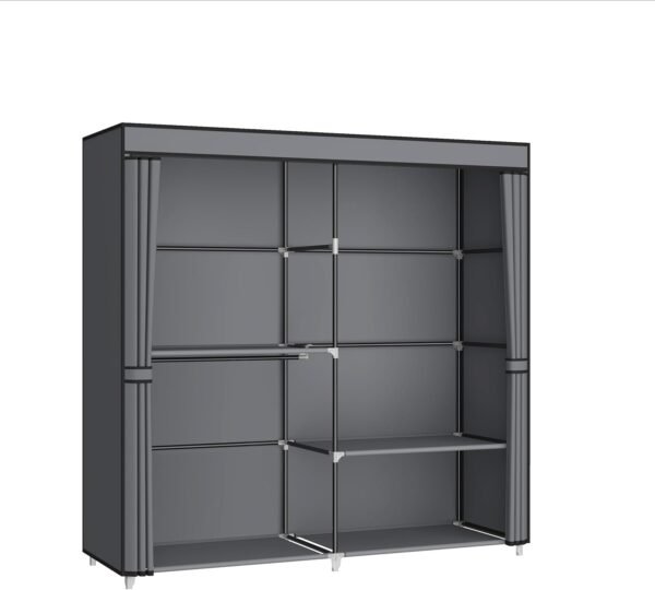 62.5 Closet Wardrobe. Portable Closet for Bedroom. Freestanding Clothes Rack with Non-Woven Fabric Cover. 3 Hanging Rods. 4 Storage Shelves. Clothes Storage Organizer. Grey