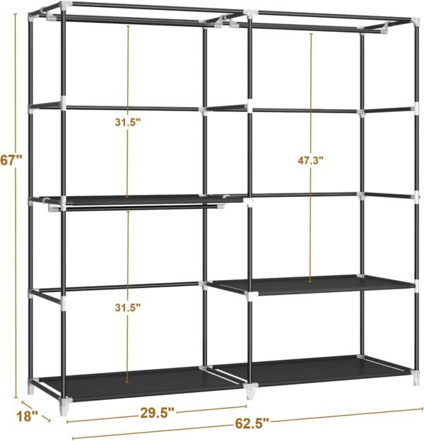 62.5 Closet Wardrobe. Portable Closet for Bedroom. Freestanding Clothes Rack with Non-Woven Fabric Cover. 3 Hanging Rods. 4 Storage Shelves. Clothes Storage Organizer. Grey