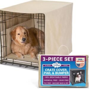 Pet Dreams 3-Piece Set Includes Dog Crate Cover. Dog Mat & Bumper Pad- Washable Kennel Bedding fits iCrate Cages 24. 30. 36. 42 Inch (Khaki. Medium. 30)