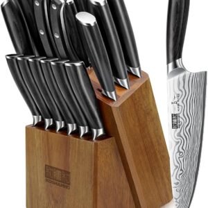 16-Piece Knife Set with Block. Ultra Sharp High Carbon Powder Steel Knife Block Set. Chef Knife Set Professional Kitchen Knives Set with Sharpener and Pakkawood Handle