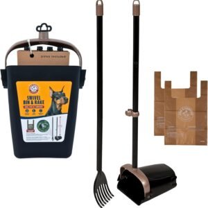 Arm & Hammer Dog Pooper Scooper Swivel Bin & Rake. Poop Scoop for Dogs. Black (2 Heavy Duty Scented Waste Bags Included)