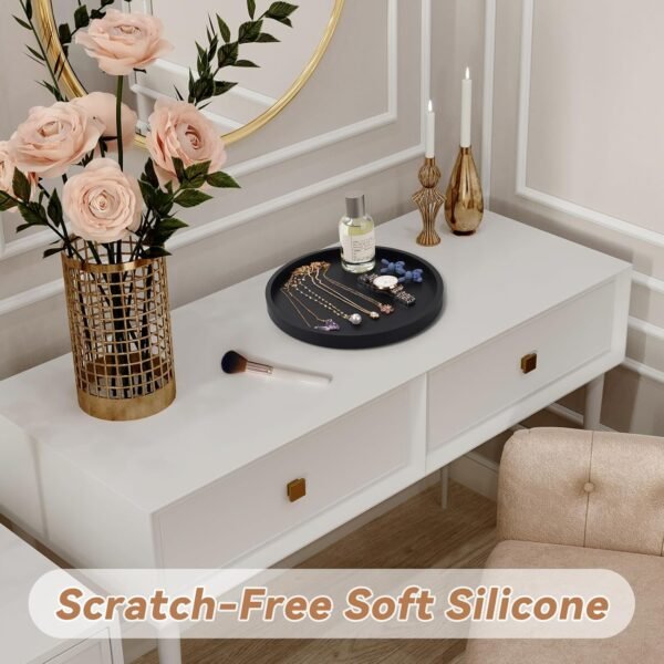 NiHome Thickened Silicone Vanity Organizer Tray for Bathroom Accessories. Kitchen Countertop. Living Room Decor. Multipurpose Shatter-Resistant Round Tray Decor for Candle Perfume Soap Plant (Black)