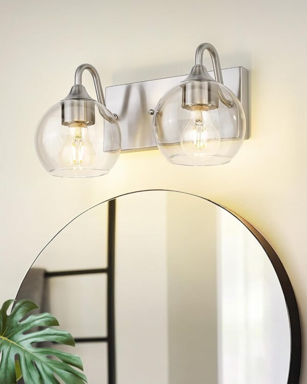 Emak Brushed Nickel Bathroom Lights Over Mirror. Globe Vanity Light with Clear Glass Shade. Modern 2-Light Bathroom Lighting Fixtures Wall Sconce. VL118-BN-CG-2