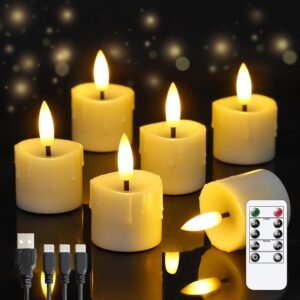 Rechargeable Flameless 1.6 x2.5 Tea Light Candles with Remote & Type-C Charging Cable. Timer LED Flickering Ivory Plastic 6pcs Mini Dripping Wax Votive Tealight Candles