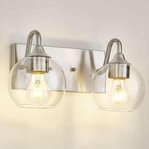 Emak Brushed Nickel Bathroom Lights Over Mirror. Globe Vanity Light with Clear Glass Shade. Modern 2-Light Bathroom Lighting Fixtures Wall Sconce. VL118-BN-CG-2