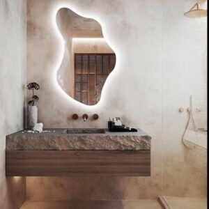 Asymmetrical Led Lighted Mirror for Bathroom. Irregular Vanity Mirror with Lights. Washbasin Backlit Led Illuminated Wall Mirror (Cool Light. 37x60 cm | 14.5x23.6)