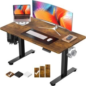 Veken 47.2 Inch Standing Desk Electric. Height Adjustable Sit Stand Up. Cable Clip. Wood Desktop. Work Home Office Computer PC Table. Writing Study Rising Desks. Brown