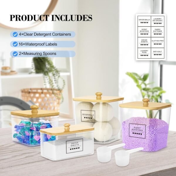 4 Pack Clear Laundry Pods Container & Dryer Sheet Holder. Plastic Square Laundry Room Organization and Storage Jars with Lids. Scoops & Labels for Detergent