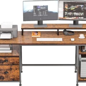 Furologee 61 Desk with Fabric File Drawer. Reversible Computer Desk with Shelves and Drawer. Industrial Writing Table with Monitor Stand. Long Study Table Workstation for Home Office. Rustic Brown