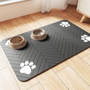 Pet Feeding Mat-Absorbent Pet Placemat for Food and Water Bowl. with Waterproof Rubber Backing. Quick Dry Water Dispenser Mat for Dog and Cat (12x20. Striped Dark Gray)