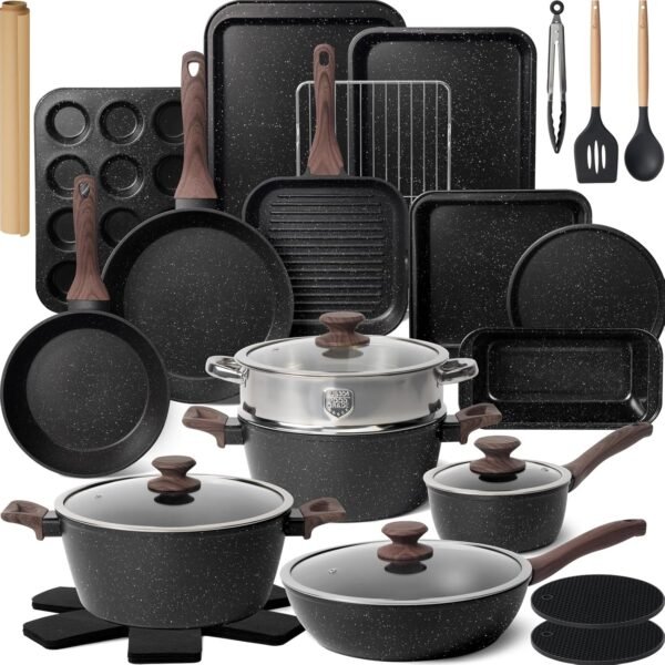 Kikcoin 31 Pcs Kitchen Cookware Set. Non Stick Pots and Pans Set Bakeware Set Nonstick Cooking Set with Baking Pans. Frying Pans. Saucepan. Grill Pan. Utensils
