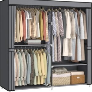 62.5 Closet Wardrobe. Portable Closet for Bedroom. Freestanding Clothes Rack with Non-Woven Fabric Cover. 3 Hanging Rods. 4 Storage Shelves. Clothes Storage Organizer. Grey