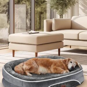 OhGeni Orthopedic Dog Bed Couch for Large Sized Pets with Egg Foam Support. Four-Sided Bolster Cushions. Soft Tear-Resistant Fabric. and Removable Machine Washable Plush Cover 35-Inch (Gray)