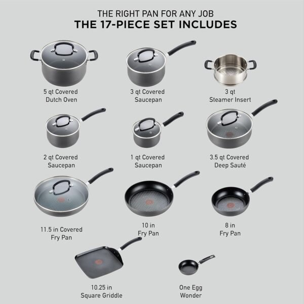 T-fal Ultimate Hard Anodized Nonstick Cookware Set 17 Piece. Dishwasher Safe. Suitable for all stove tops; excluding induction. Black