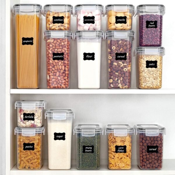 Airtight Food Storage Containers with Lids. Vtopmart 24 pcs Plastic Kitchen and Pantry Organization Canisters for Cereal. Dry Food. Flour and Sugar. BPA Free. Includes 24 Labels .Black