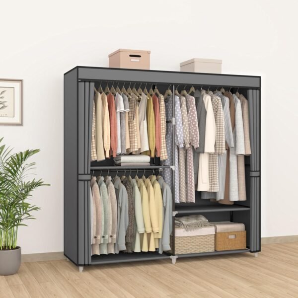 62.5 Closet Wardrobe. Portable Closet for Bedroom. Freestanding Clothes Rack with Non-Woven Fabric Cover. 3 Hanging Rods. 4 Storage Shelves. Clothes Storage Organizer. Grey