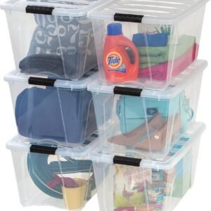 IRIS USA 54 Qt Stackable Plastic Storage Bins with Lids. 6 Pack - BPA-Free. Made in USA - See-Through Organizing Solution. Latches. Durable Nestable Containers. Secure Pull Handle - Clear